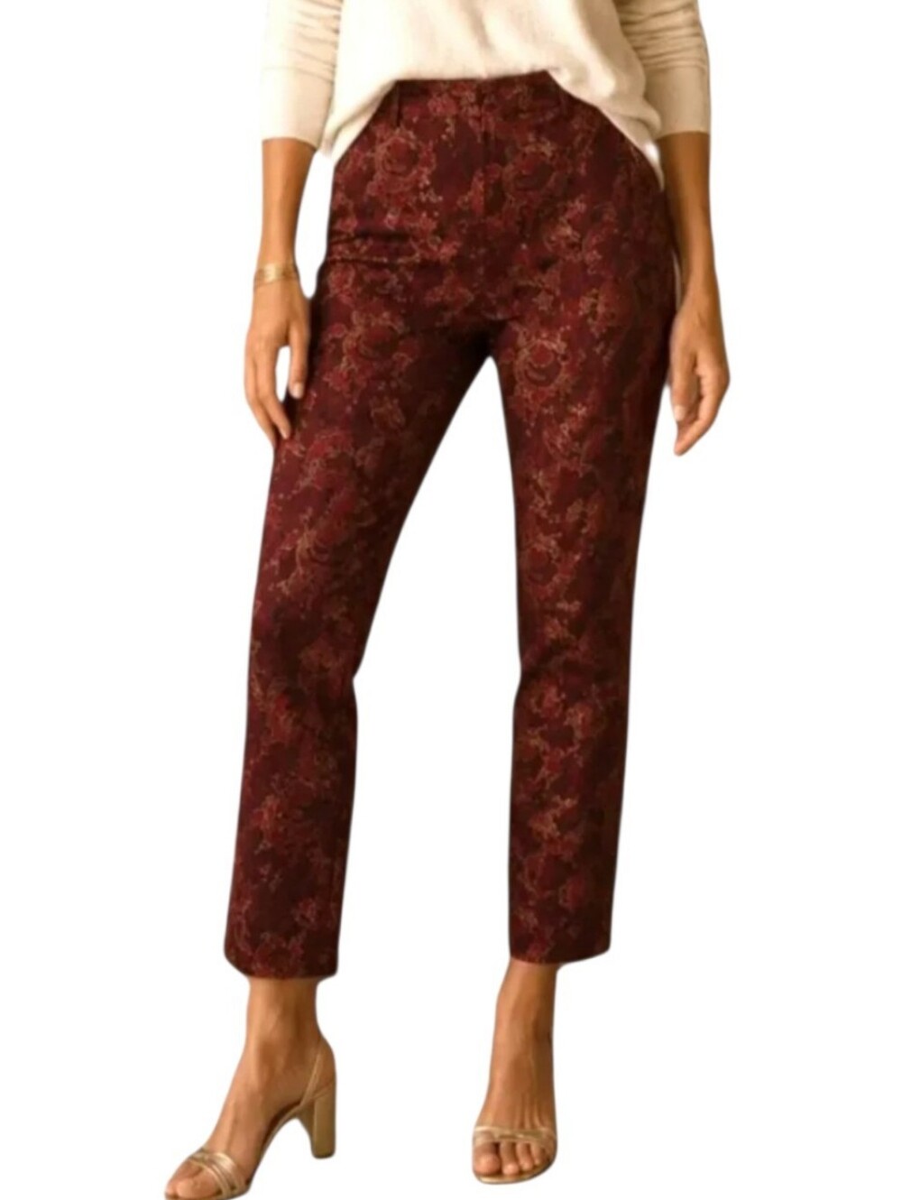 Soft Surroundings Metro Burgundy Floral Damask Pull On Ankle Pants L